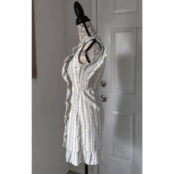 Linen Blend Sleeveless One Shoulder Mini Dress Ruffle Pinstripe Black & white S - Picture 3 of 14